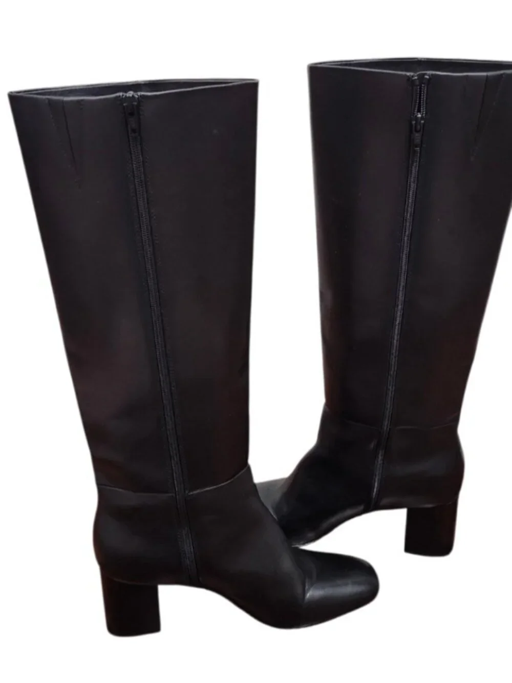 Paige Black Leather Knee High Boots Block Heel Minimalist Tall Zip Riding Boots
